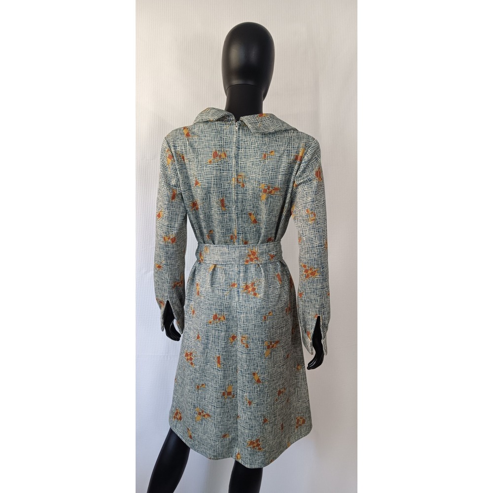 Vintage Handmade Geometric Tent Dress Balloon Sleeve Collared Belted KS0272 - Picture 2 of 5